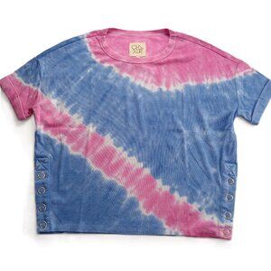 Chaser Women's Ribbed Knit Tee T-Shirt Size Small Pink Blue Tie Dye Snaps